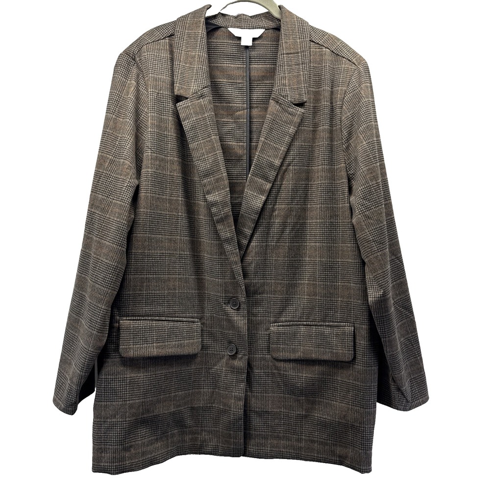 Old Navy Women's Blazer Size XXL Brown Plaid Long Sleeve Herringbone Pockets
